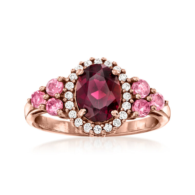 1.30 Carat Rhodolite Garnet and .10 ct. t.w. Pink Tourmaline Ring with .20 ct. t.w. White Zircon in 18kt Rose Gold Over Sterling image number 0