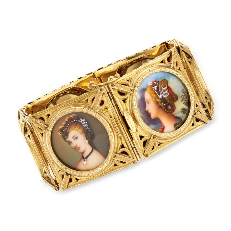C. 1940 Vintage .10 ct. t.w. Diamond Hand-Painted Portrait Bracelet with Multi-Gemstone Accents in 18kt Yellow Gold image number 2