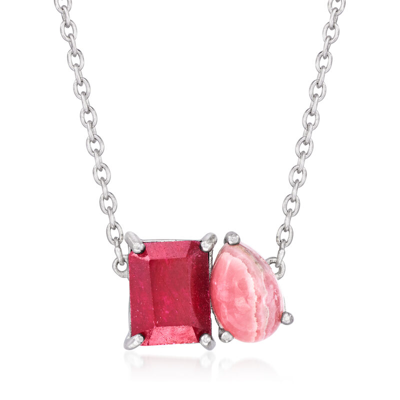 Pink Rhodochrosite and 3.20 Carat Ruby Toi et Moi Necklace in Sterling Silver. 18&quot; image number 1