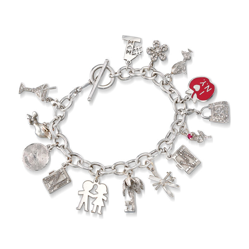 C. 1990 Vintage .48 ct. t.w. Diamond 14kt White Gold Charm Bracelet with Ruby Accent image number 0
