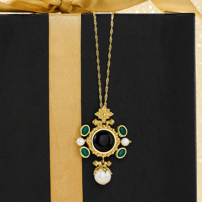 Italian Cultured Pearl, Black Onyx and Green Agate Pendant Necklace in 18kt Gold Over Sterling Silver  image number 2