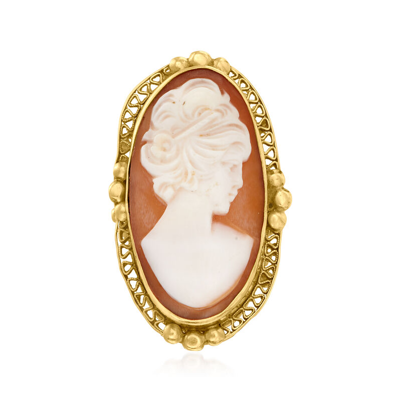 C. 1950 Vintage Pink Shell Elongated Cameo Ring in 14kt Yellow Gold. Size 6.5 image number 0