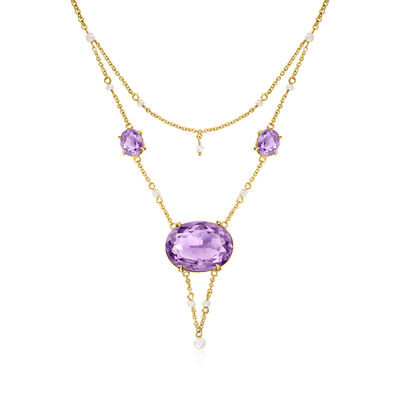 C. 1930 Vintage 2-3mm Cultured Pearl and 11.85 ct. t.w. Amethyst Drop Necklace in 10kt Yellow Gold