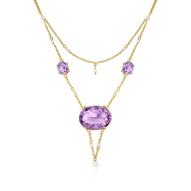 C. 1930 Vintage 2-3mm Cultured Pearl and 11.85 ct. t.w. Amethyst Drop Necklace in 10kt Yellow Gold. 18" image number 0