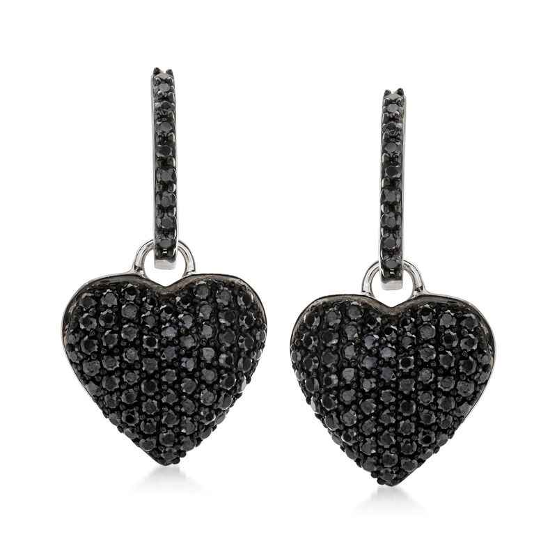 2.10 ct. t.w. Pave Black Spinel Removable Heart Drop Earrings in Sterling Silver  image number 0