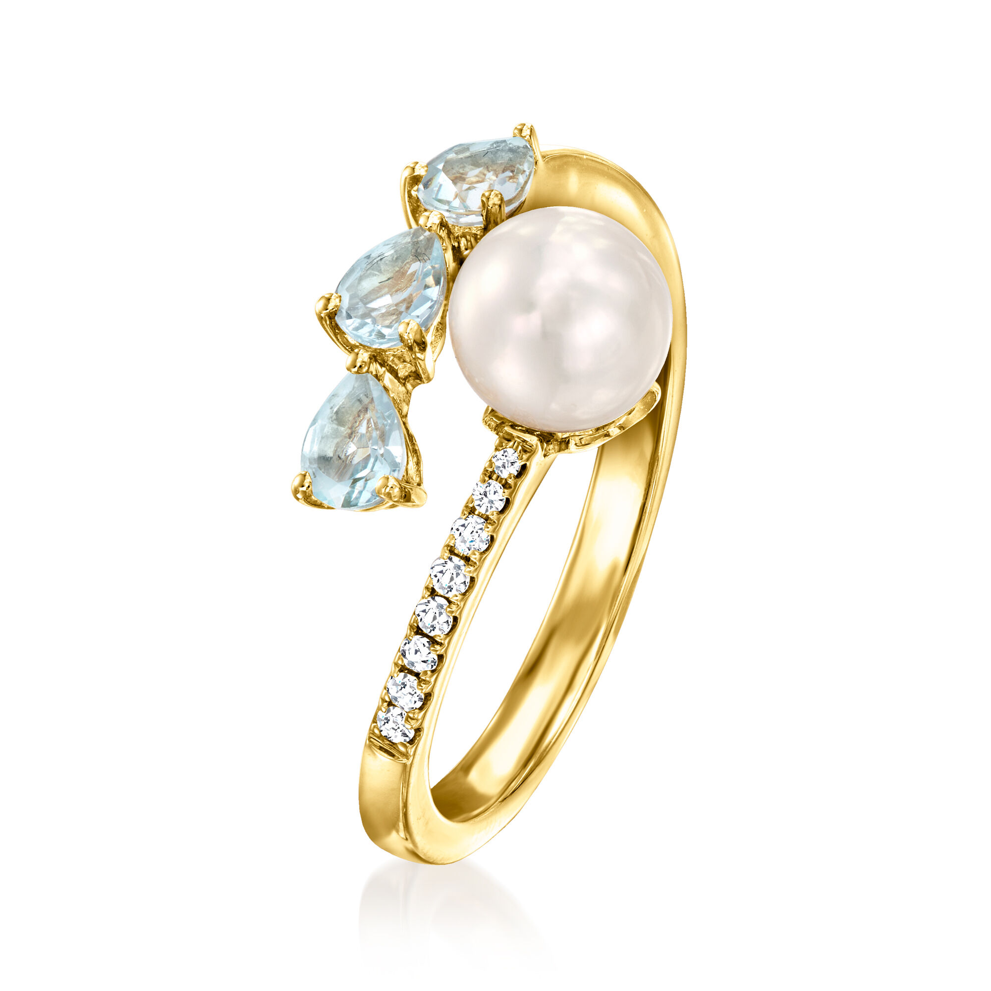 6-6.5mm Cultured Pearl and .40 ct. t.w. Aquamarine Bypass 6-6.5mm Cultured Pearl and .40 ct. t.w. Aquamarine Bypass