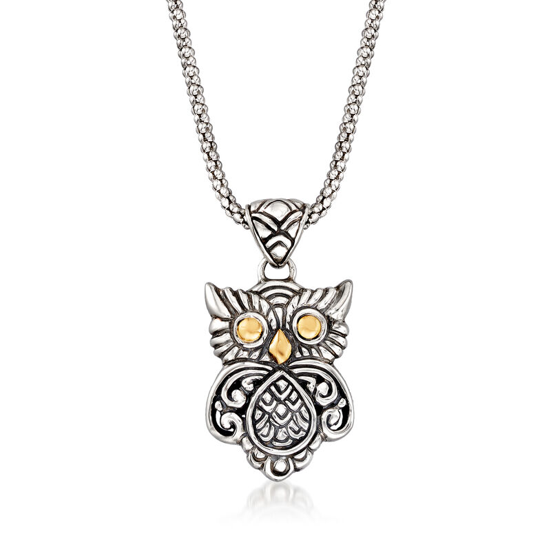 Sterling Silver and 18kt Gold Bali-Style Owl Pendant Necklace  image number 0