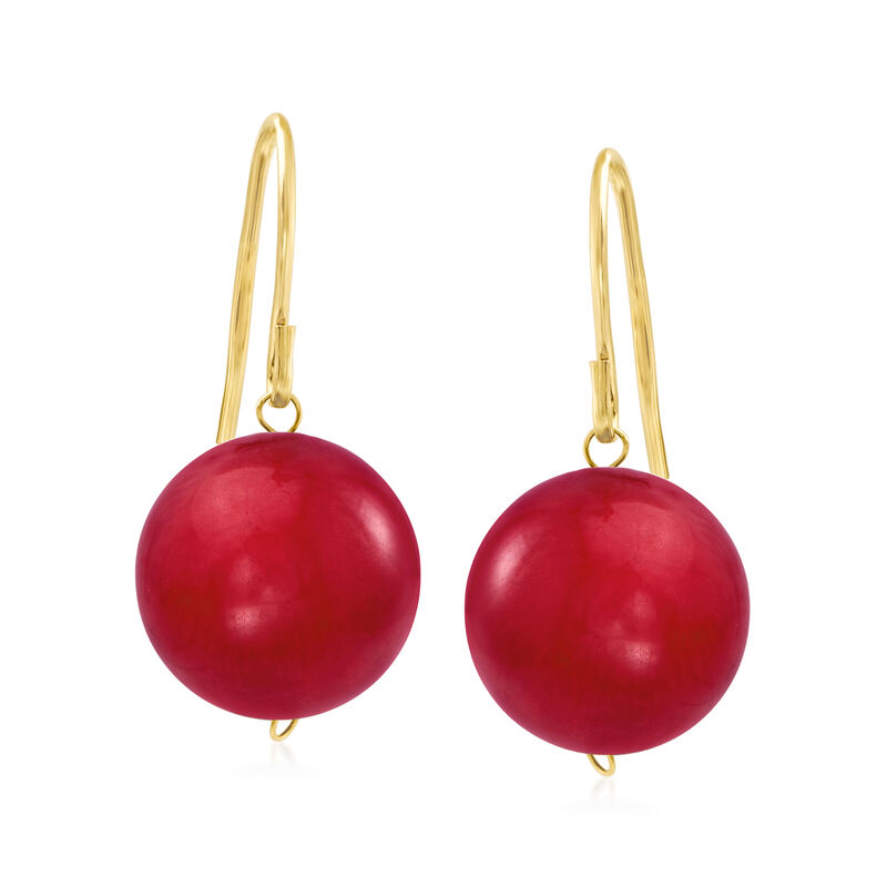 12mm Red Coral Bead Drop Earrings in 14kt Yellow Gold image number 0