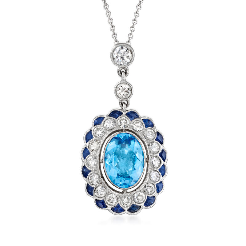 C. 1990 Vintage 3.50 Carat Swiss Blue Topaz, 1.40 ct. t.w. Sapphire and 1.40 ct. t.w. Diamond Pendant Necklace in 18kt White Gold image number 0