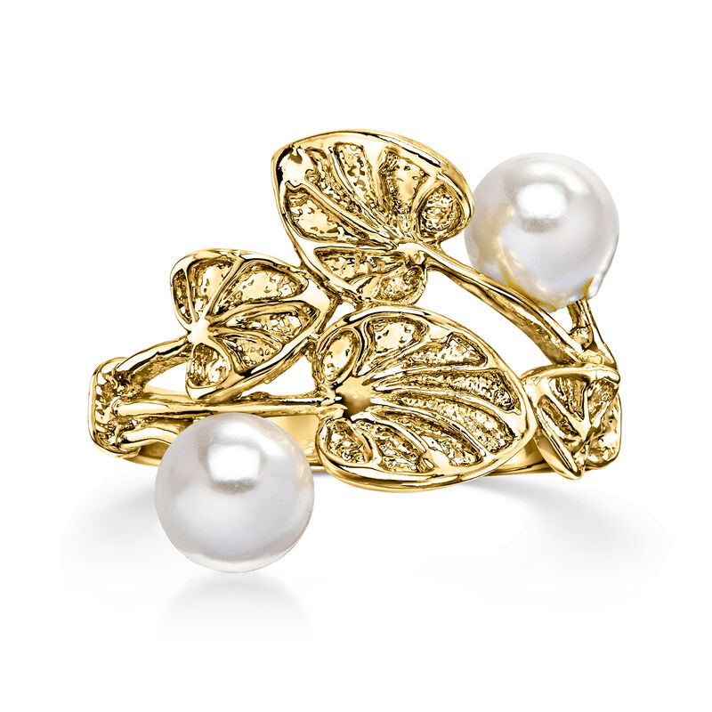 Italian 14kt Yellow Gold-Plated Leaf Ring with Simulated Pearls image number 0