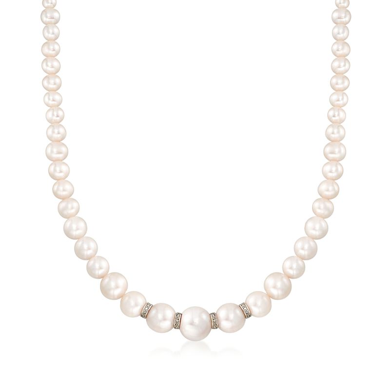 5-11.5mm Graduated Cultured Pearl Necklace with .24 ct. t.w. Diamonds and Sterling Silver image number 0