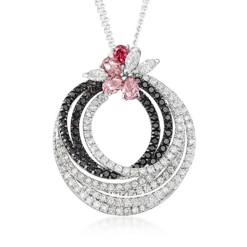 C. 2000 Vintage Stefan Hafner 5.01 ct. t.w. Black and White Diamond and 2.45 ct. t.w. Pink Tourmaline Swirl Necklace in 18kt White Gold. 19&quot; image number 1