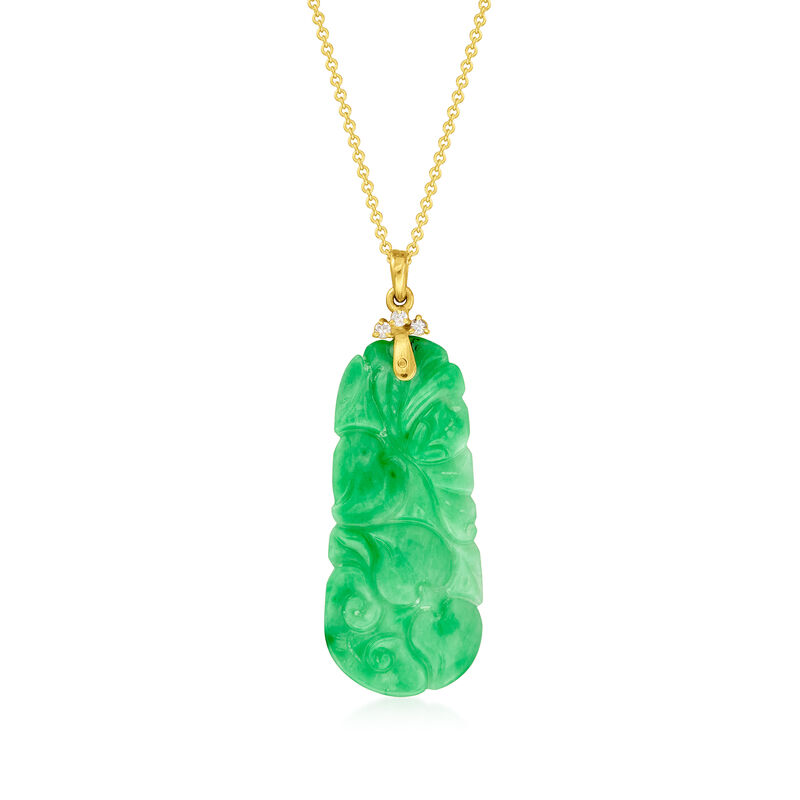 C. 1980 Vintage Carved Jade Pendant Necklace with Diamond Accents in 14kt Yellow Gold image number 0