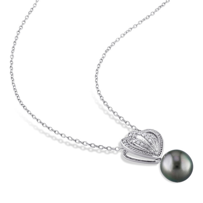 8.5-9mm Black Cultured Tahitian Pearl and .12 ct. t.w. Diamond Pendant Necklace in Sterling Silver. 18&quot; image number 2