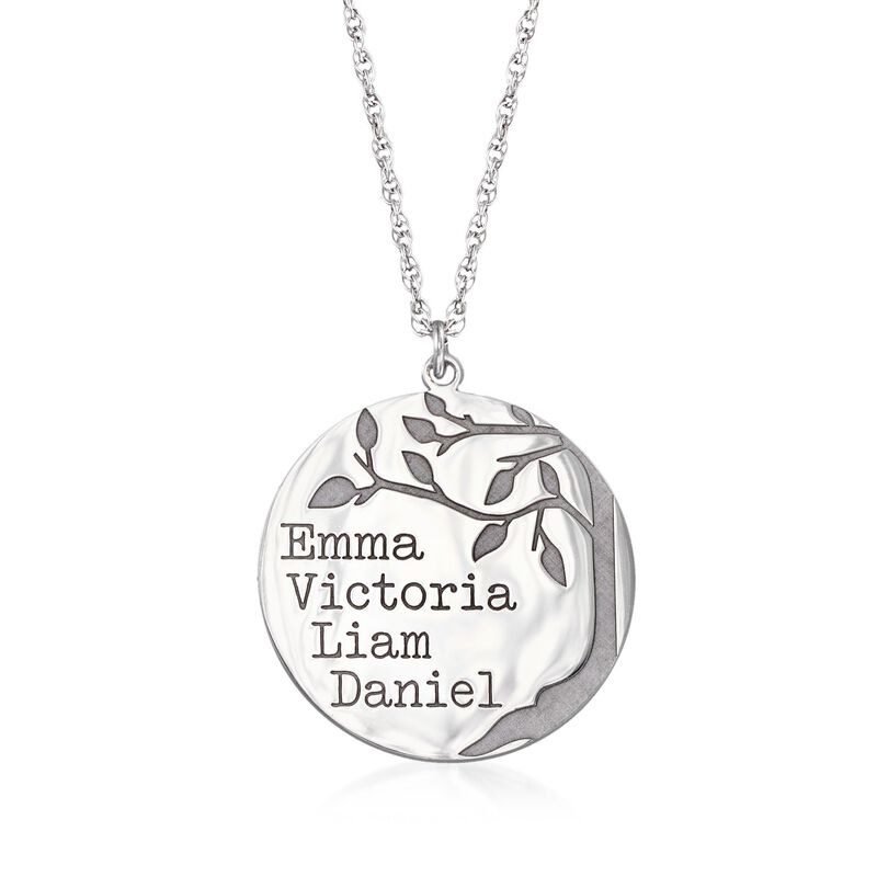 Sterling Silver Personalized Four-Name Family Tree Circle Pendant Necklace. 18&quot; image number 1