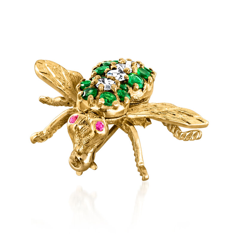 C. 1980 Vintage .70 ct. t.w. Emerald and .25 ct. t.w. Diamond Bumblebee Pin with Rubies in 18kt Yellow Gold  image number 2