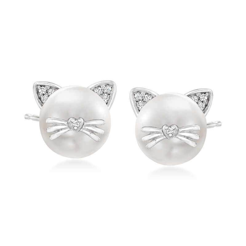 8-8.5mm Cultured Pearl Cat Earrings with Diamonds in Sterling Silver image number 0