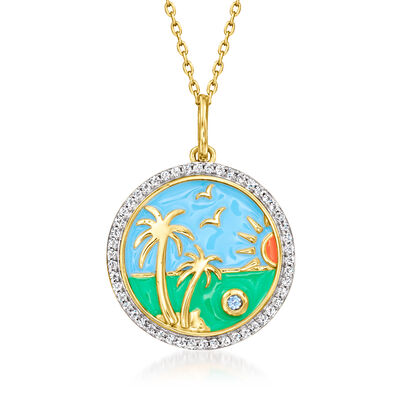 .30 ct. t.w. White Topaz Beach Pendant Necklace with Multicolored Enamel and Swiss Blue Topaz in 18kt Gold Over Sterling