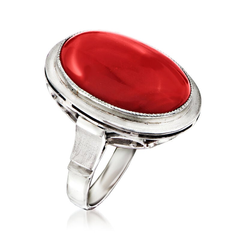 C. 1990 Vintage Red Coral Ring in Platinum. Size 5.25 image number 2