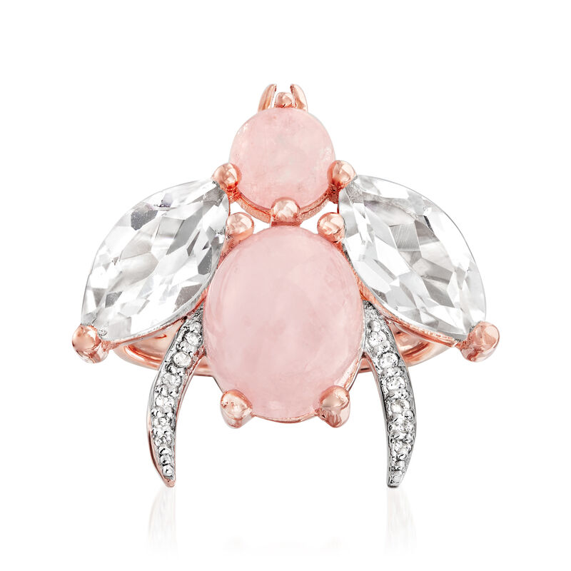 5.50 ct. t.w. Morganite and Rock Crystal Bug Ring with White Topaz Accents in 18kt Rose Gold Over Sterling. Size 8 image number 0