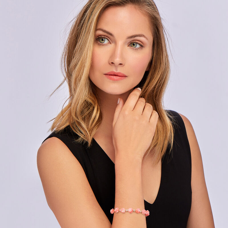 Pink Coral and 1.30 ct. t.w. White Topaz Rose Bracelet in 18kt Gold Over Sterling image number 1