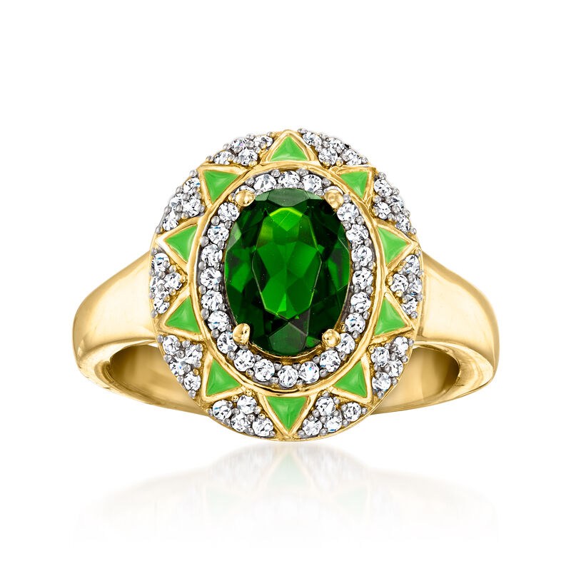 1.30 Carat Chrome Diopside Ring with .50 ct. t.w. White Zircon and Green Enamel in 18kt Gold Over Sterling image number 0