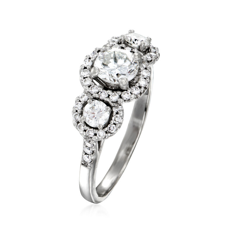 C. 1990 Vintage 1.45 ct. t.w. Diamond Three-Stone Halo Ring in 14kt White Gold. Size 7 image number 2