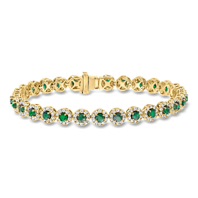 3.20 ct. t.w. Emerald and 2.68 ct. t.w. Diamond Tennis Bracelet in 14kt Yellow Gold image number 0