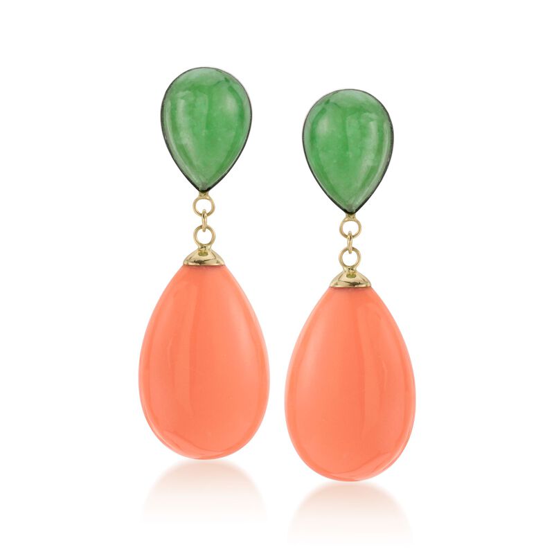 Jade and Simulated Coral Teardrop Earrings in 14kt Yellow Gold image number 0