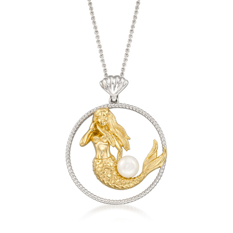 6.5-7mm Cultured Pearl Mermaid Pendant Necklace in Two-Tone Sterling Silver. 18&quot; image number 1