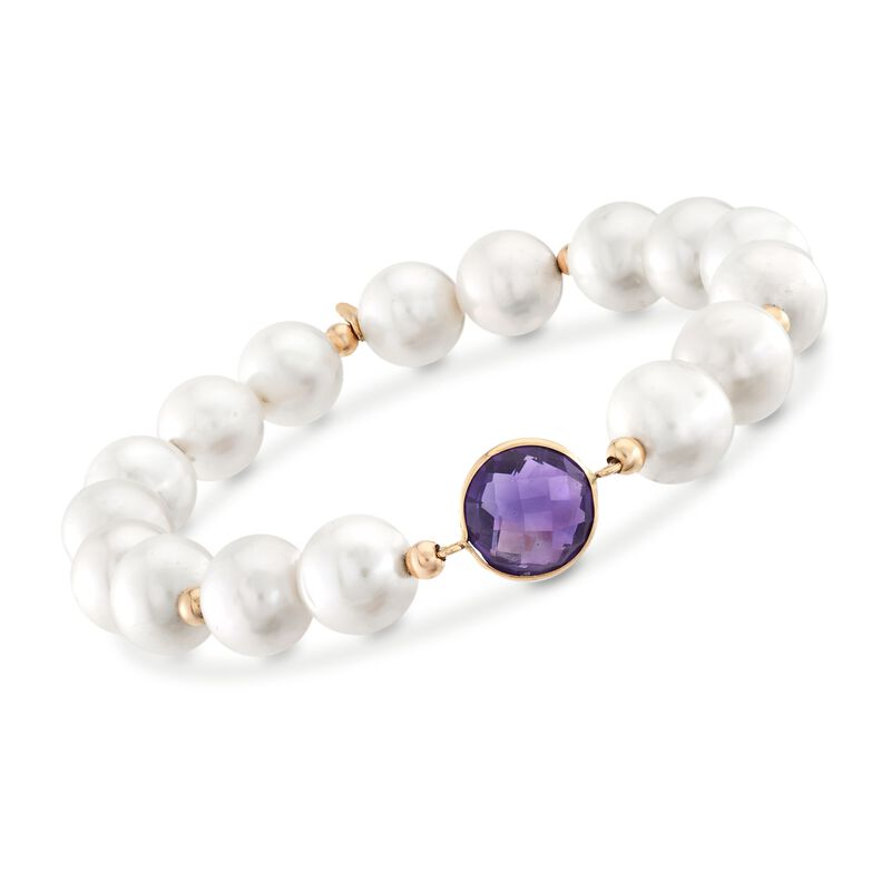 9-10mm Cultured Pearl and 3.20 Carat Amethyst Bracelet with 14kt Yellow Gold image number 0