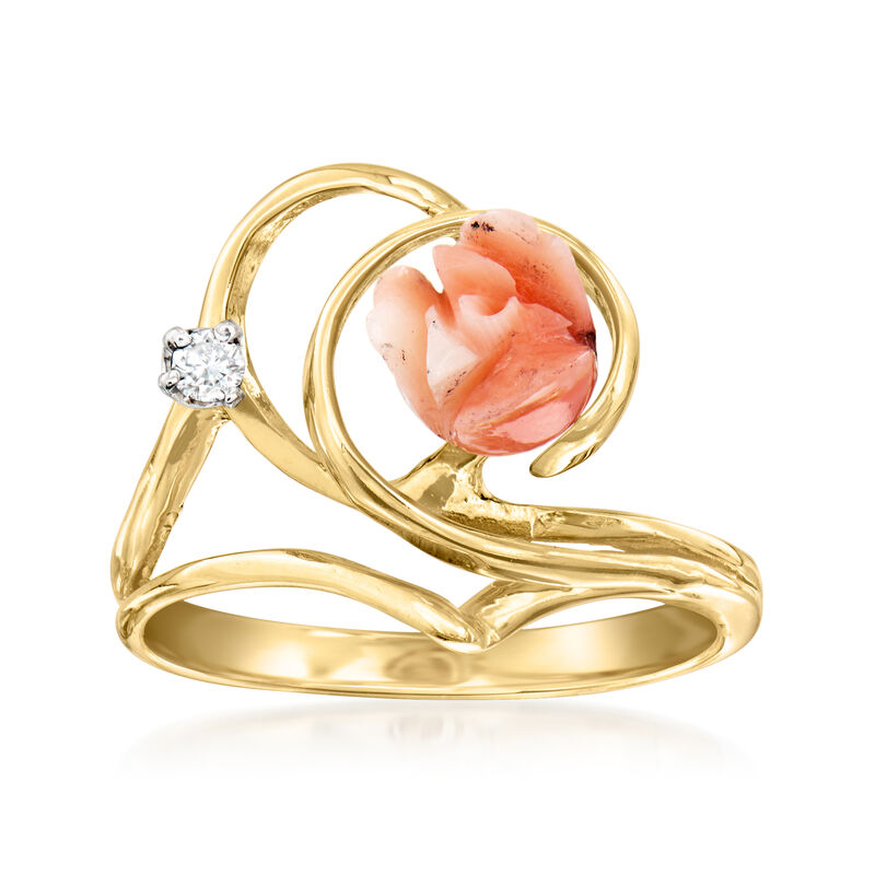C. 1960 Vintage Orange Coral Flower Ring with Single Diamond in 14kt Yellow Gold. Size 5 image number 0