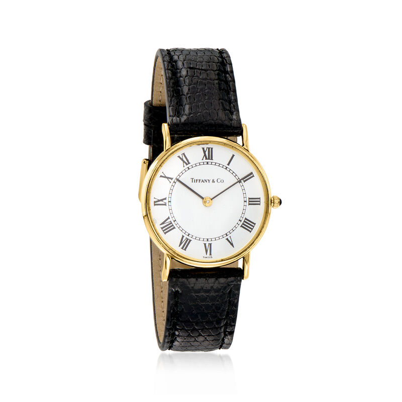 C. 1980 Vintage Tiffany Jewelry Women's 30mmm 14kt Yellow Gold Watch with Black Leather Strap. 8 1/4" image number 0