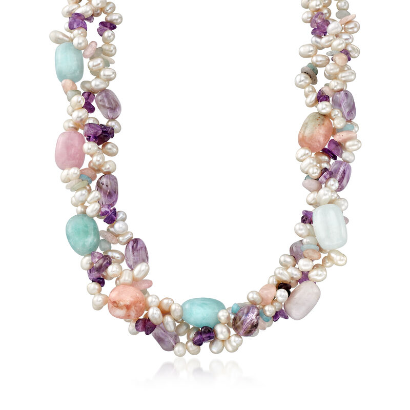 4-6.5mm Cultured Pearl and Multi-Stone Torsade Necklace with Sterling Silver image number 0