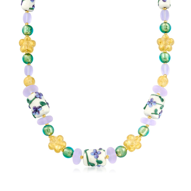 Italian Multicolored Murano Glass Bead Lily Flower Necklace with 18kt Gold Over Sterling. 18" image number 1