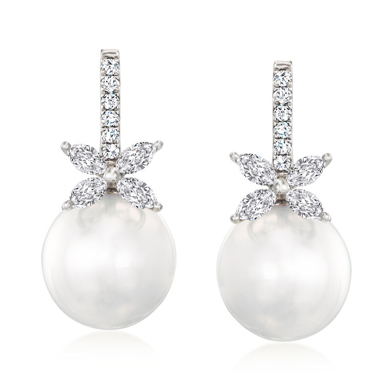 13-14mm Cultured South Sea Pearl and .96 ct. t.w. Diamond Flower Drop Earrings in 18kt White Gold  image number 0