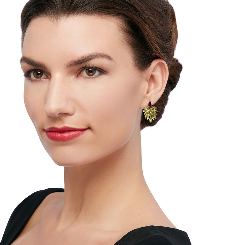 5.00 ct. t.w. Peridot and 1.70 ct. t.w. Rhodolite Cluster Drop Earrings in Sterling Silver  image number 1