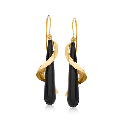 Black Onyx Spiral Drop Earrings in 14kt Yellow Gold