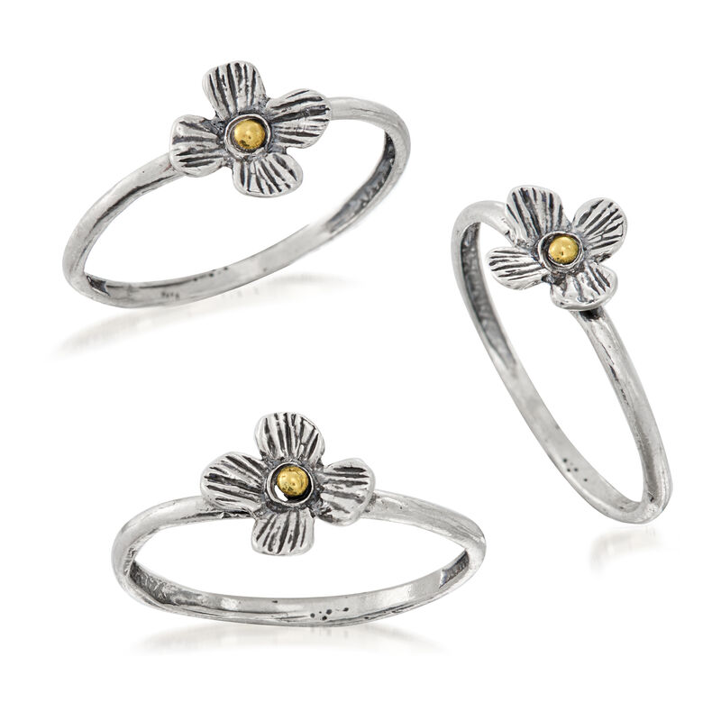 Sterling Silver and 14kt Yellow Gold Jewelry Set: Three Flower Rings image number 3