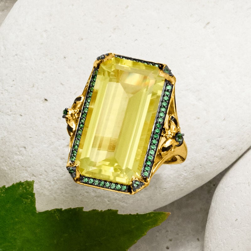 18.00 Carat Lemon Quartz and .30 ct. t.w. Tsavorite Ring with Black Enamel in 18kt Gold Over Sterling image number 3
