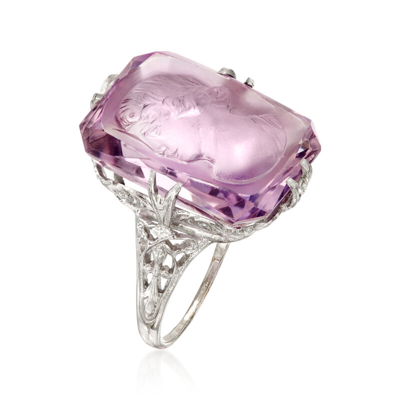 C. 1950 Vintage 13.25 Carat Amethyst Intaglio Ring in 14kt White Gold. Size 7 image number 2