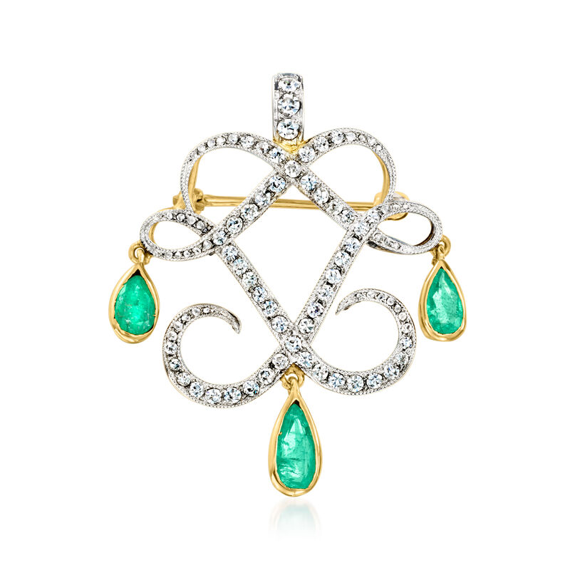 C. 1930 Vintage 1.25 ct. t.w. Diamond and .80 ct. t.w. Emerald Scroll Pin/Pendant in 10kt Yellow Gold and Platinum image number 0
