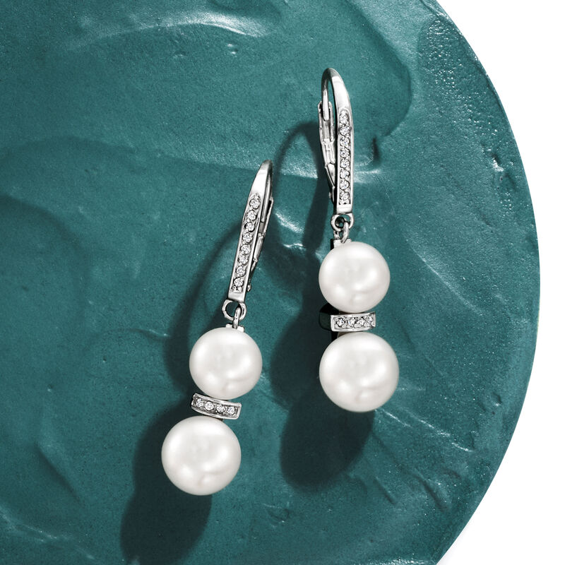 7.5-9mm Cultured Pearl and .15 ct. t.w. Diamond Drop Earrings in Sterling Silver image number 2