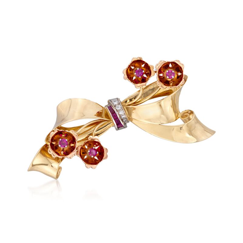 C. 1940 Vintage Tiffany Jewelry 1.10 ct. t.w. Ruby and Diamond Bow Pin in 14kt Two-Tone Gold image number 0