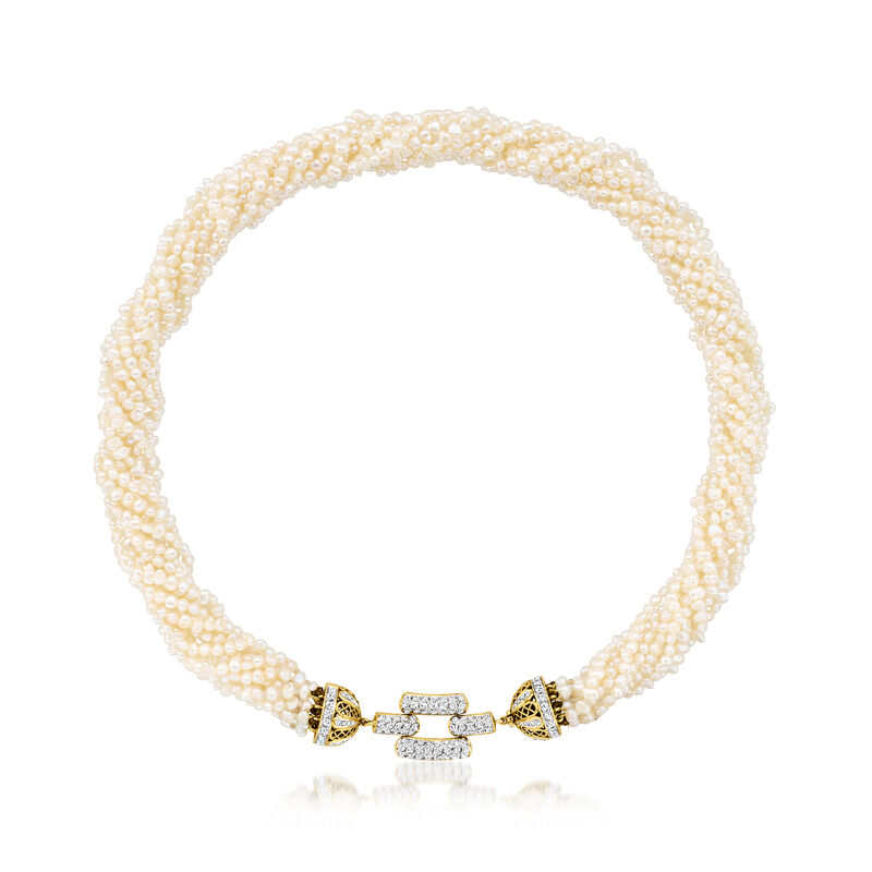 C. 1980 Vintage 3.5mm Cultured Pearl and 2.60 ct. t.w. Diamond Torsade Necklace in 14kt Yellow Gold. 17.5&quot; image number 0