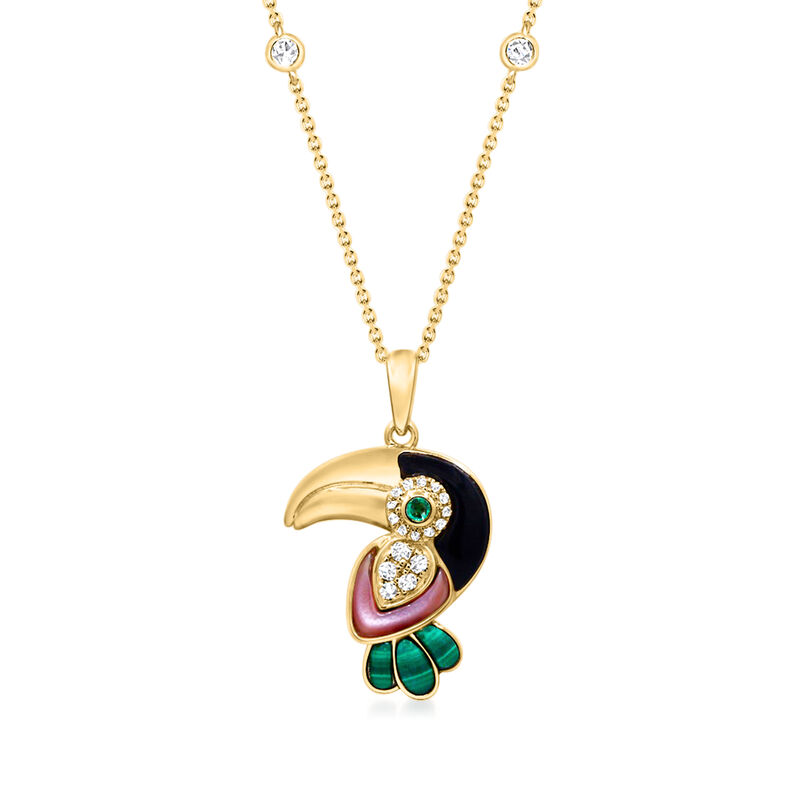 Multi-Gemstone Bird Pendant Necklace with .19 ct. t.w. Diamonds in 14kt Yellow Gold. 16&quot; image number 0