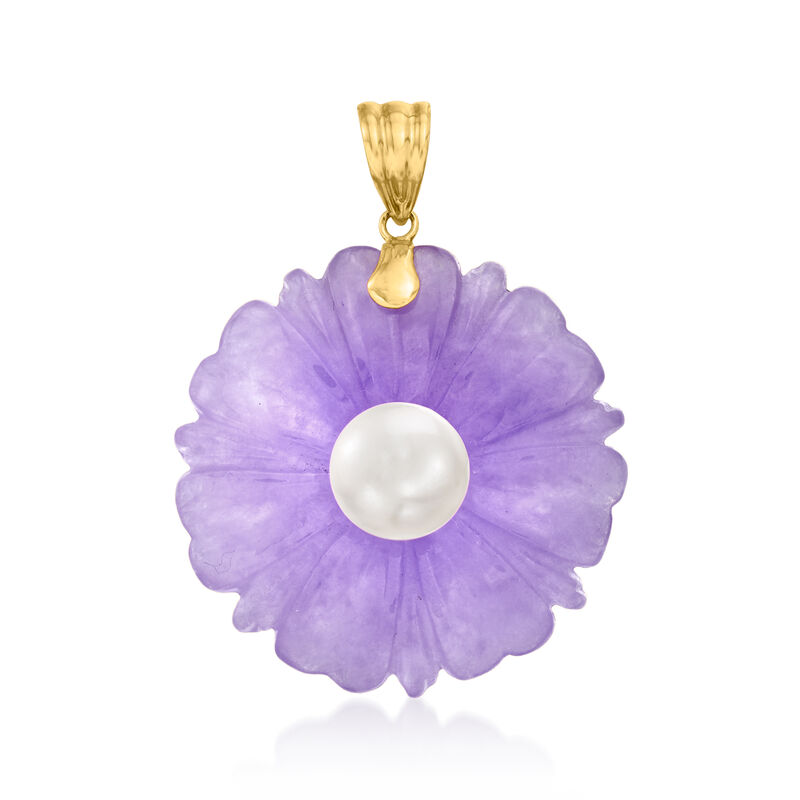 9mm Cultured Pearl and Lavender Jade Flower Pendant in 14kt Yellow Gold image number 1