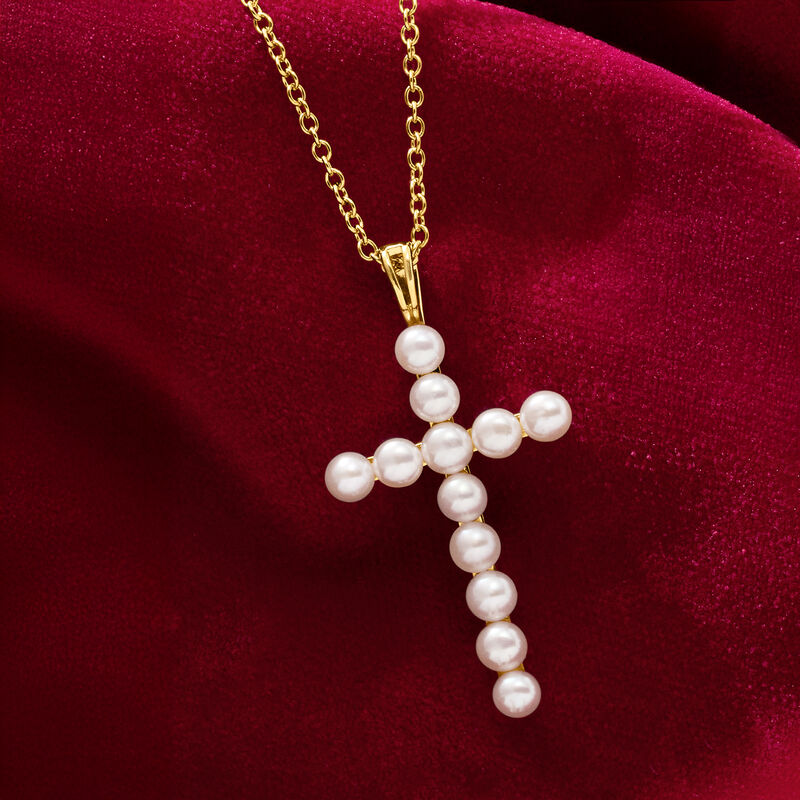 3.5-4mm Cultured Pearl Cross Pendant Necklace in 18kt Gold Over Sterling. 18&quot; image number 3