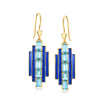 4.00 ct. t.w. Swiss Blue Topaz and Blue Enamel Art Deco-Style Drop Earrings in 18kt Gold Over Sterling