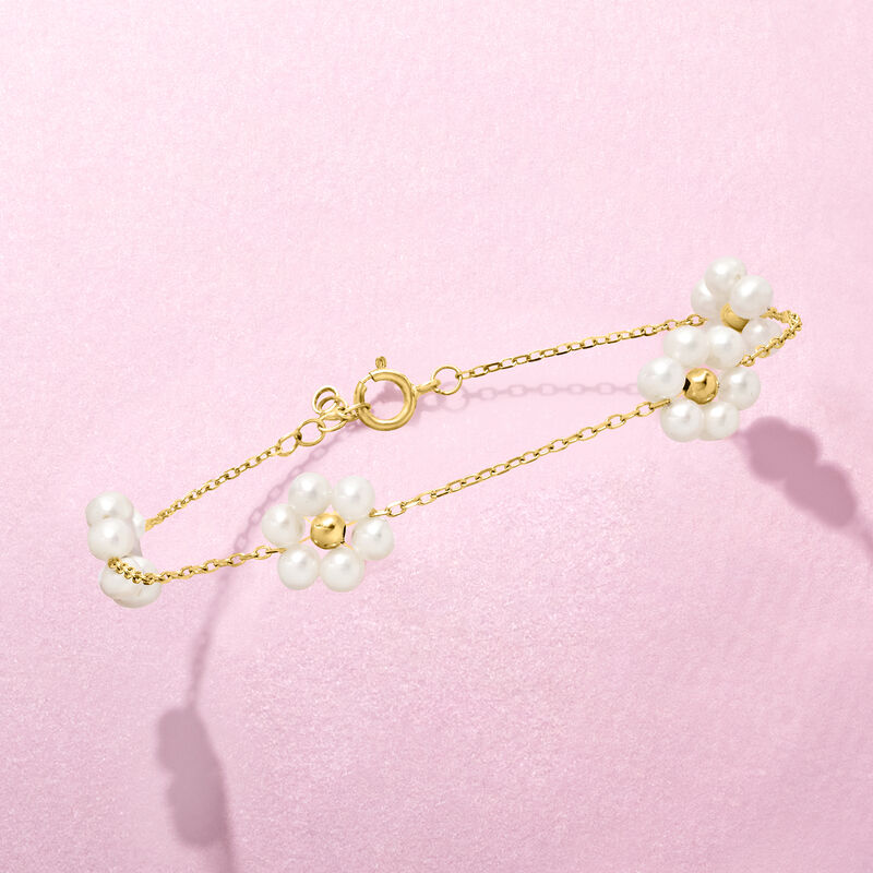 3-3.5mm Cultured Pearl Flower Station Bracelet in 14kt Yellow Gold image number 2
